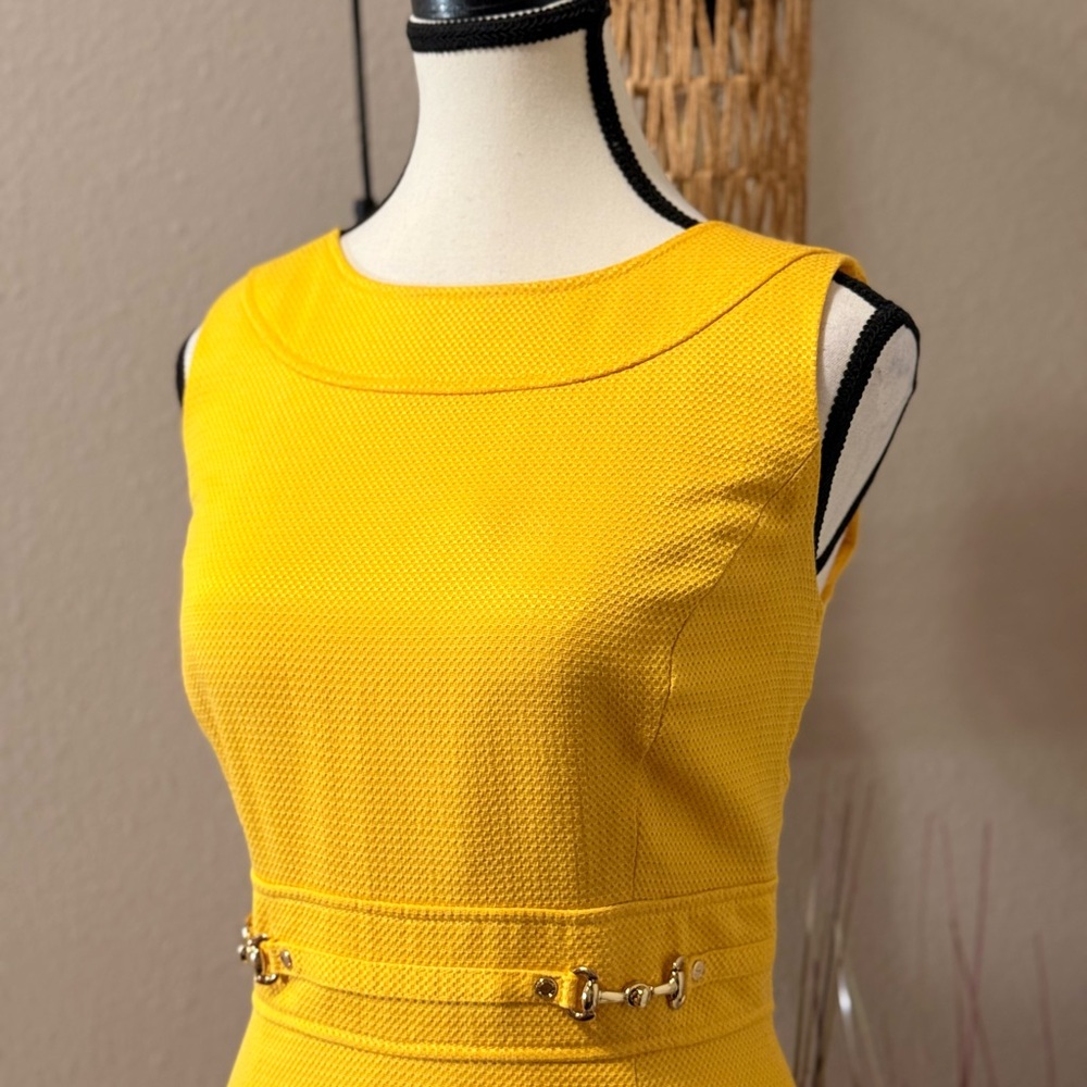 Tahari ASL Dress Golden Yellow Textured Lined Sheath Size 8 - Picture 5 of 9